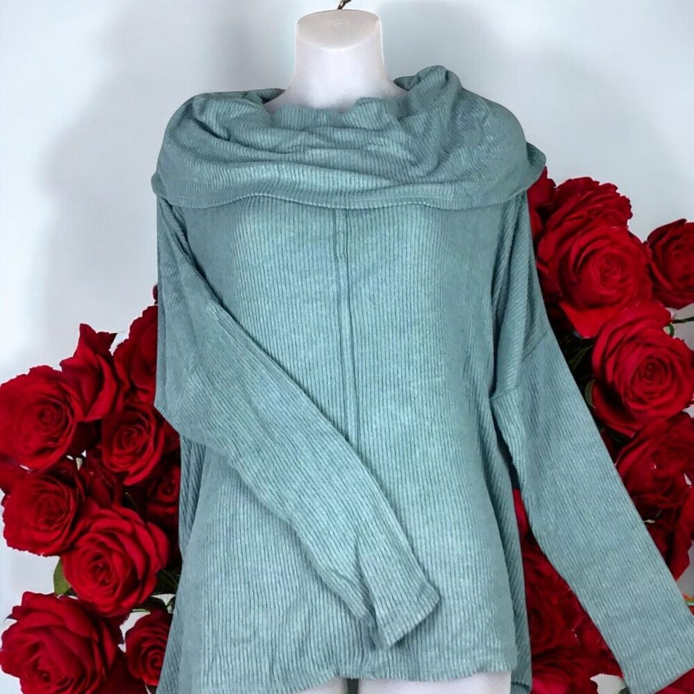 Status by Chenault Womens M Teal Cowl Neck Pullover Sweater Ribbed Detail NWOT